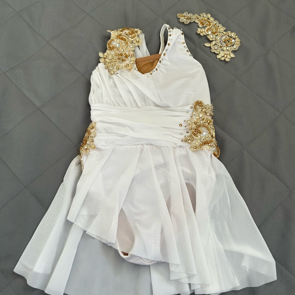Asymmetrical White and Gold Custom Lyrical Contemporary Dance Costume